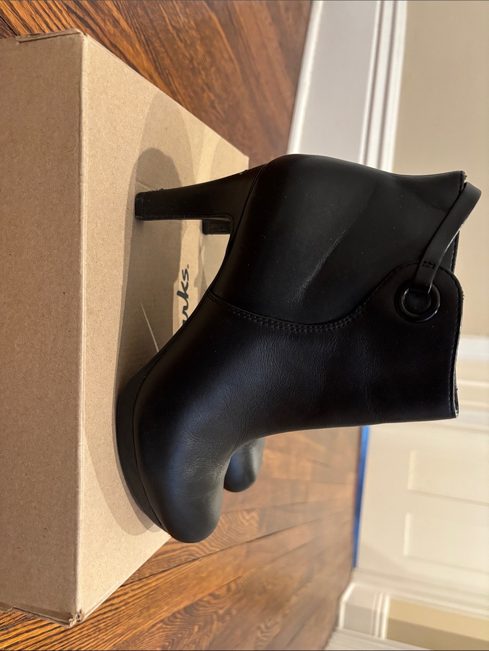 Clarks Black Leather Ankle Booties with Ring Accent